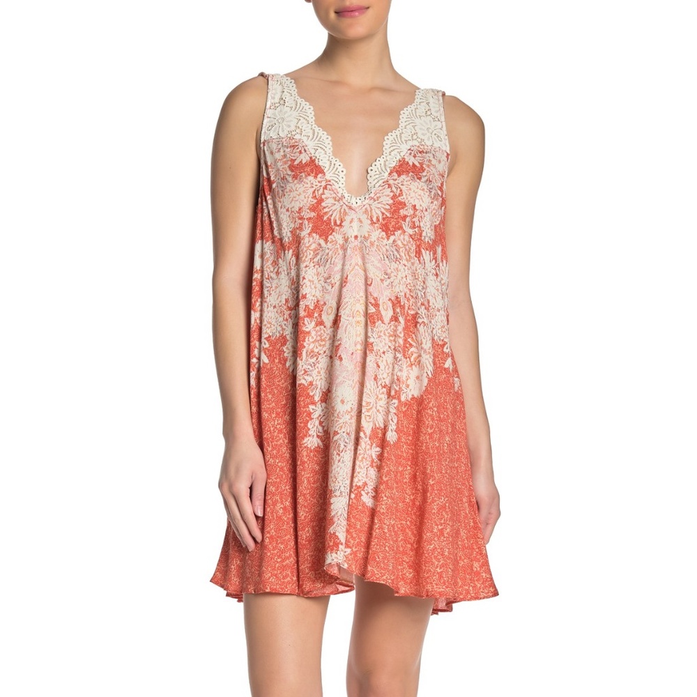 Free People Coral and Cream Lace-Trim Mini Dress